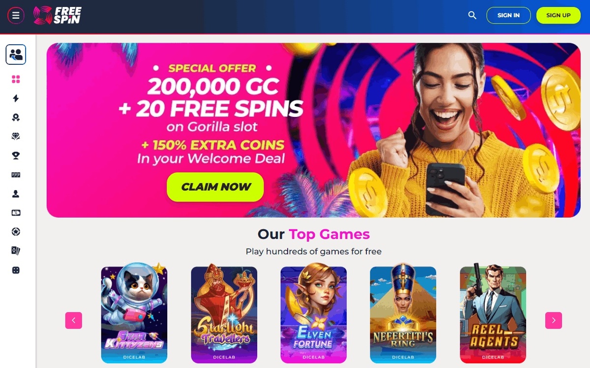 FreeSpin Casino homepage showing welcome offer and top games